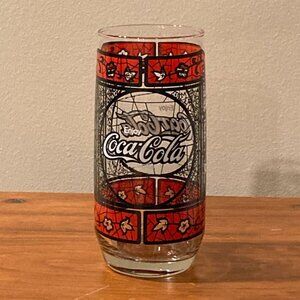 Vintage Coca Cola Stained Glass Style Drinking Glass Red Black Flowers 14 Ounce